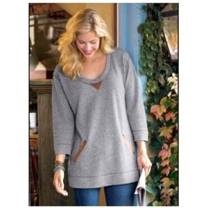 Soft Surroundings Gray Sweatshirt Tunic with Tan Faux Suede Accents Size Large